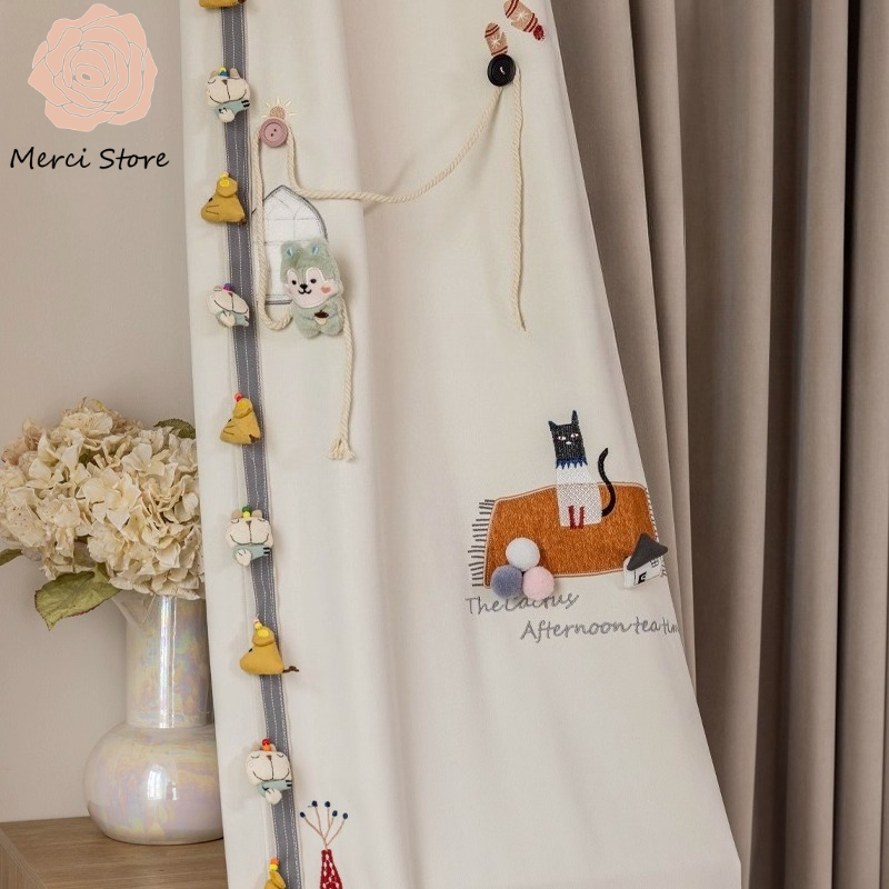 Baby Nursery Curtains - Cat Star Cartoon Embroidery Curtains for