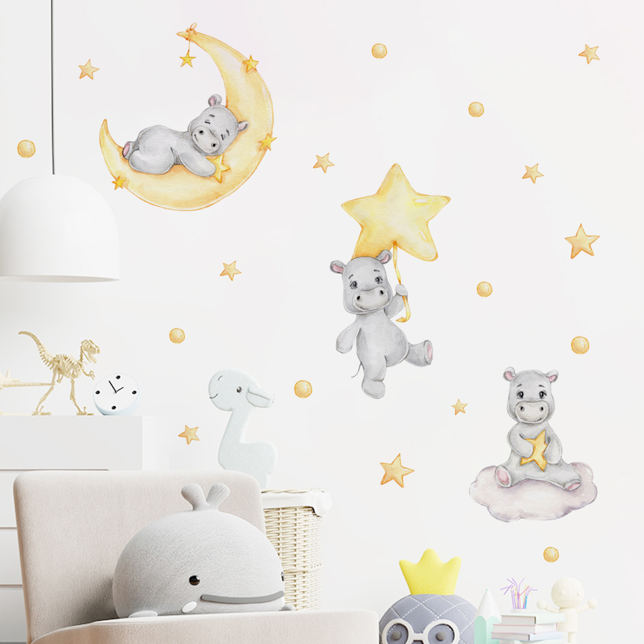 Baby Nursery Yellow - Boho Cartoon Cute Yellow Hippo Animal