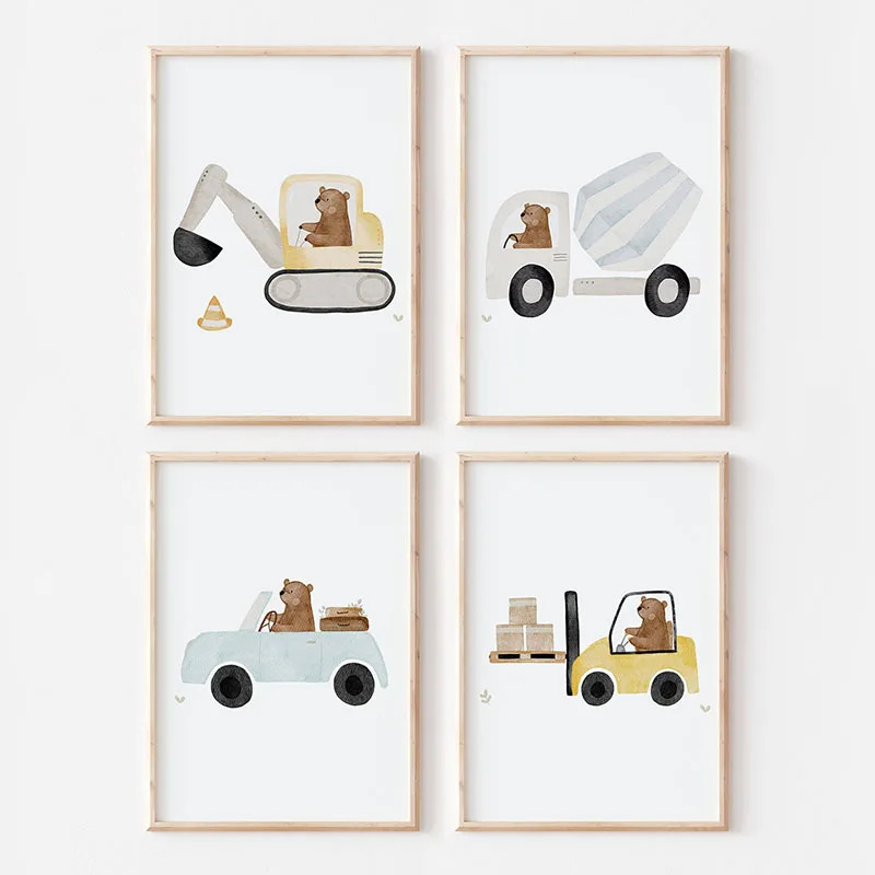 Baby Nursery Paintings - Cute Boho Bear Crane Excavator Tractor