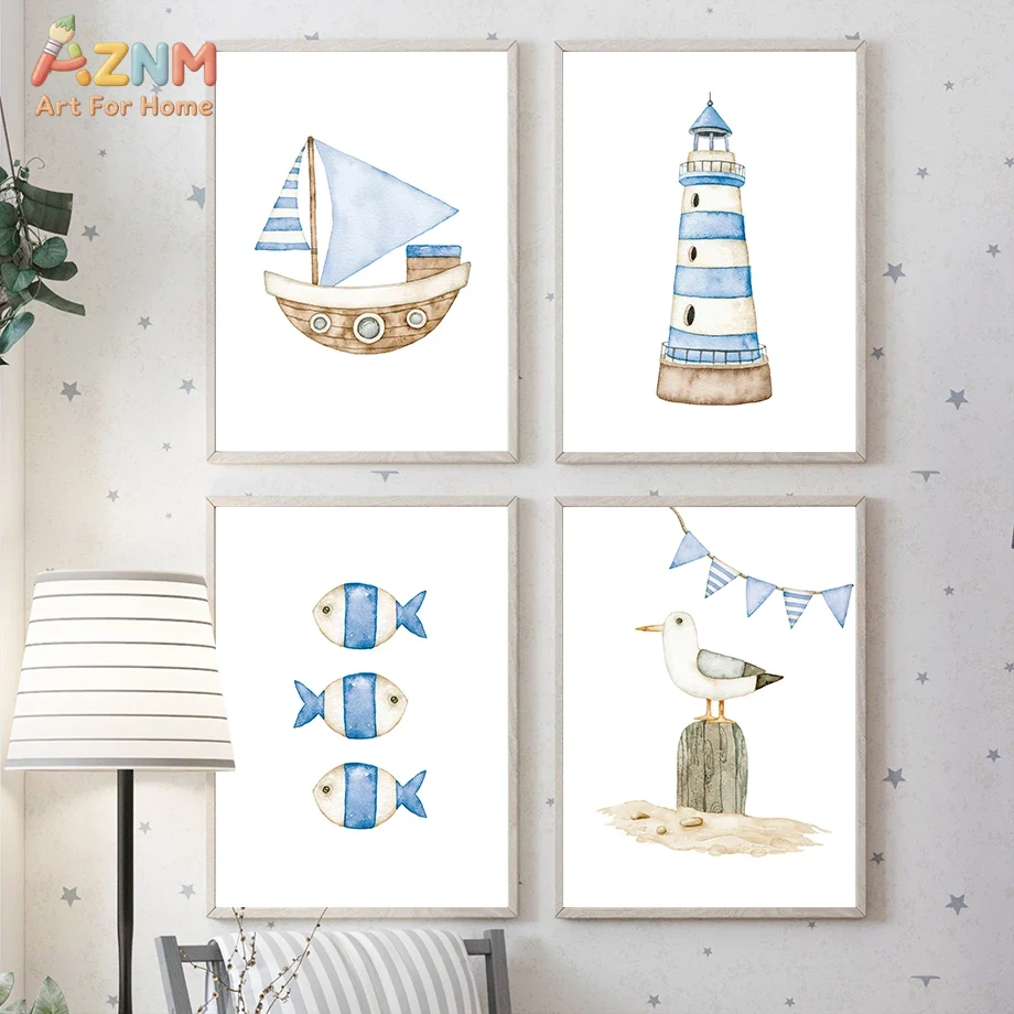 Baby Nursery Pictures - Sailboat Lighthouse Fish Nautical Nursery Posters