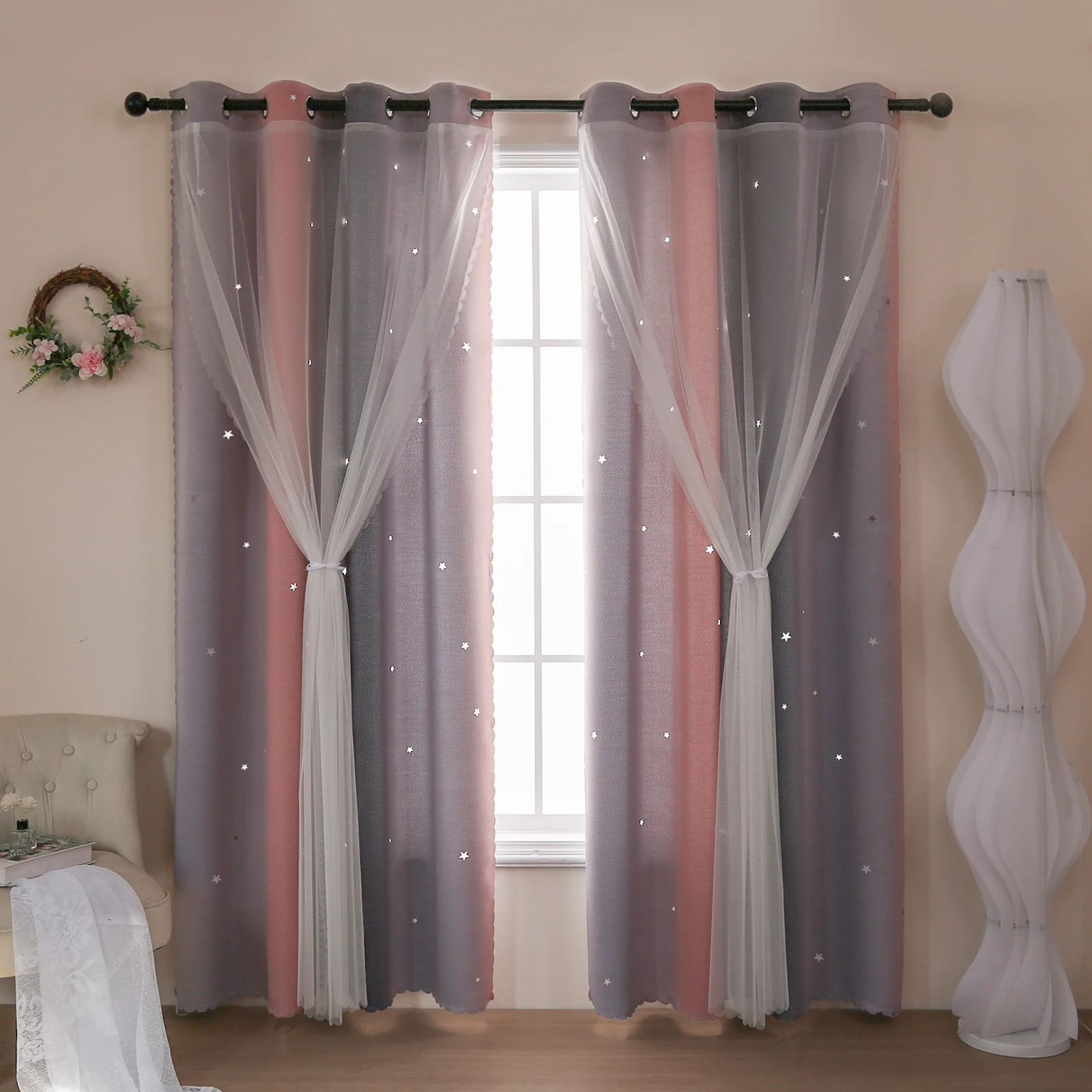 Baby Nursery Curtains - Gradient Double-Layer Perforated Curtains, Hollowed Out