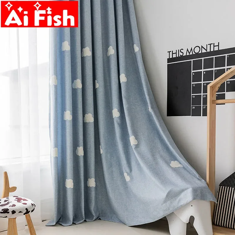 Baby Nursery Curtains - Embroidered Cloud Blue Curtain Fabric Window