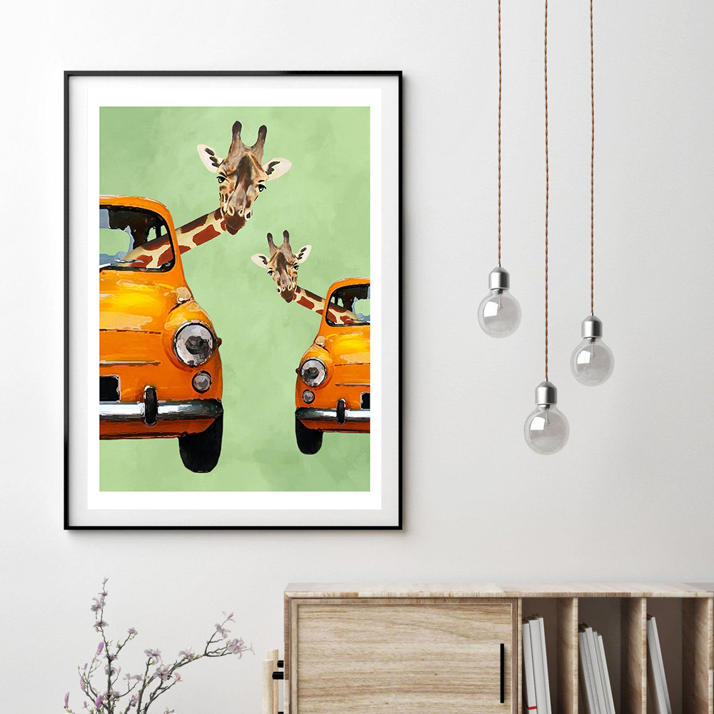 Baby Nursery Yellow - Giraffes In Yellow Cars Cartoon Canvas