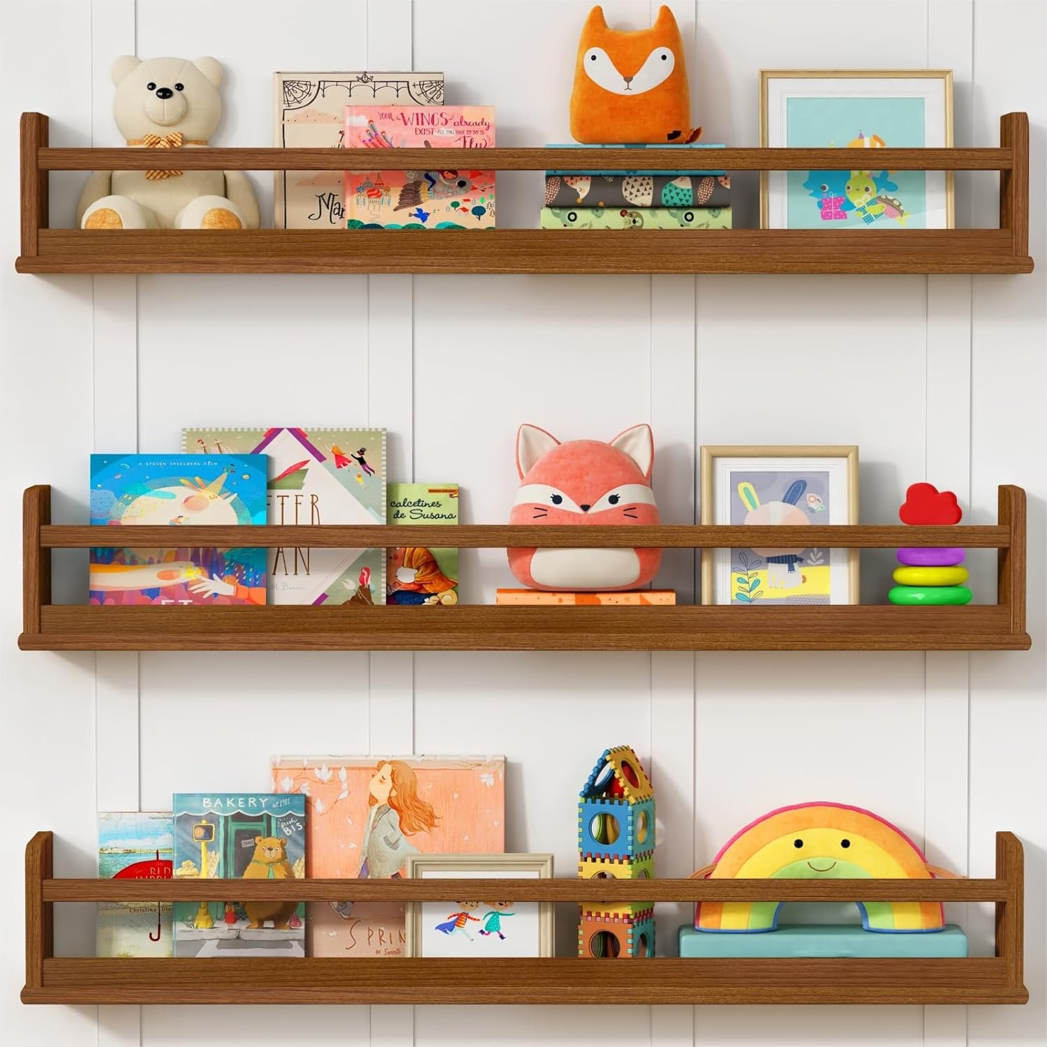 Baby Nursery Shelves - Dark Wood Wall Bookshelf For Kids