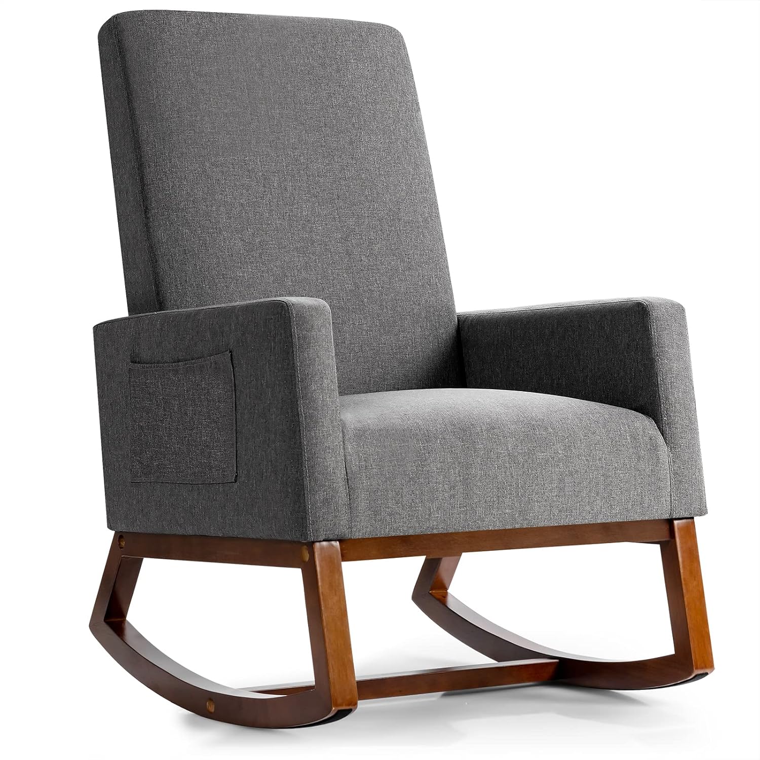 Rocking Chair Nursery - Upholstered Rocking Chair w/Wood Base Side