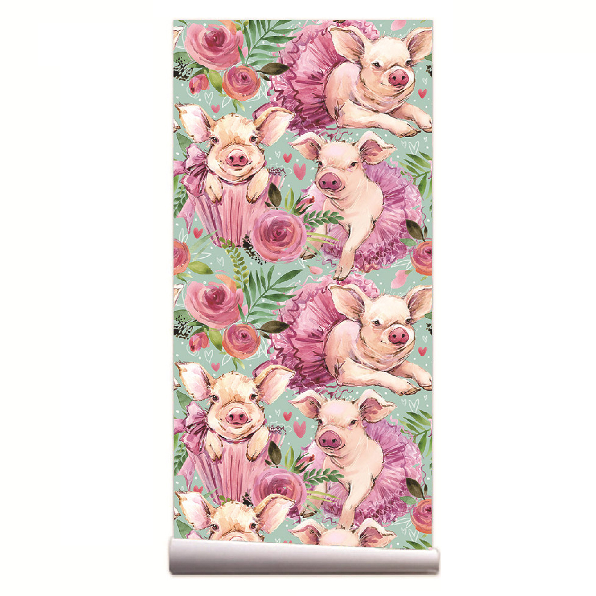 Baby Nursery Peel And Stick Wallpaper - Pink Rose Floral Cute Baby Pig