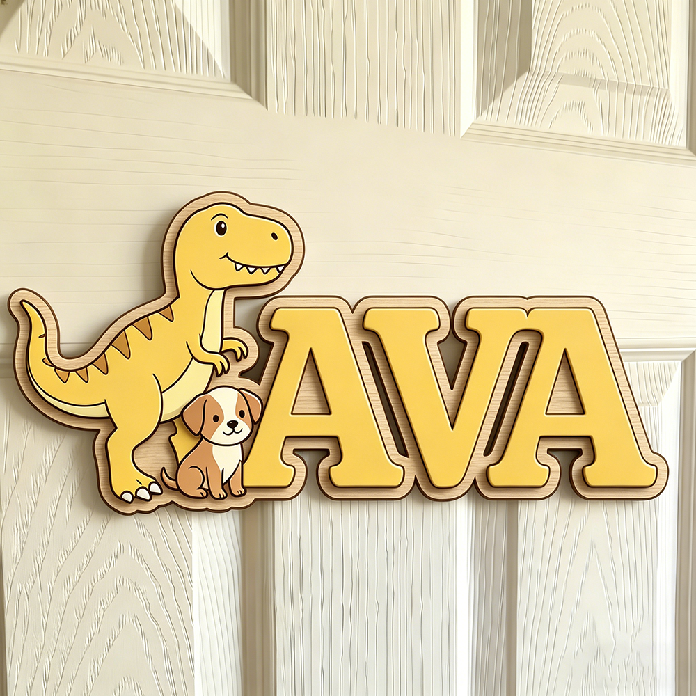 Baby Nursery Yellow - Custom T-Rex & Puppy Kids Name