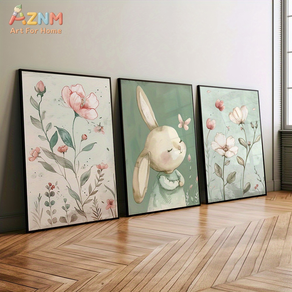 3PCS Cute Bunny and Pink Flowe - Baby Nursery Picture Frames recensione e prezzo