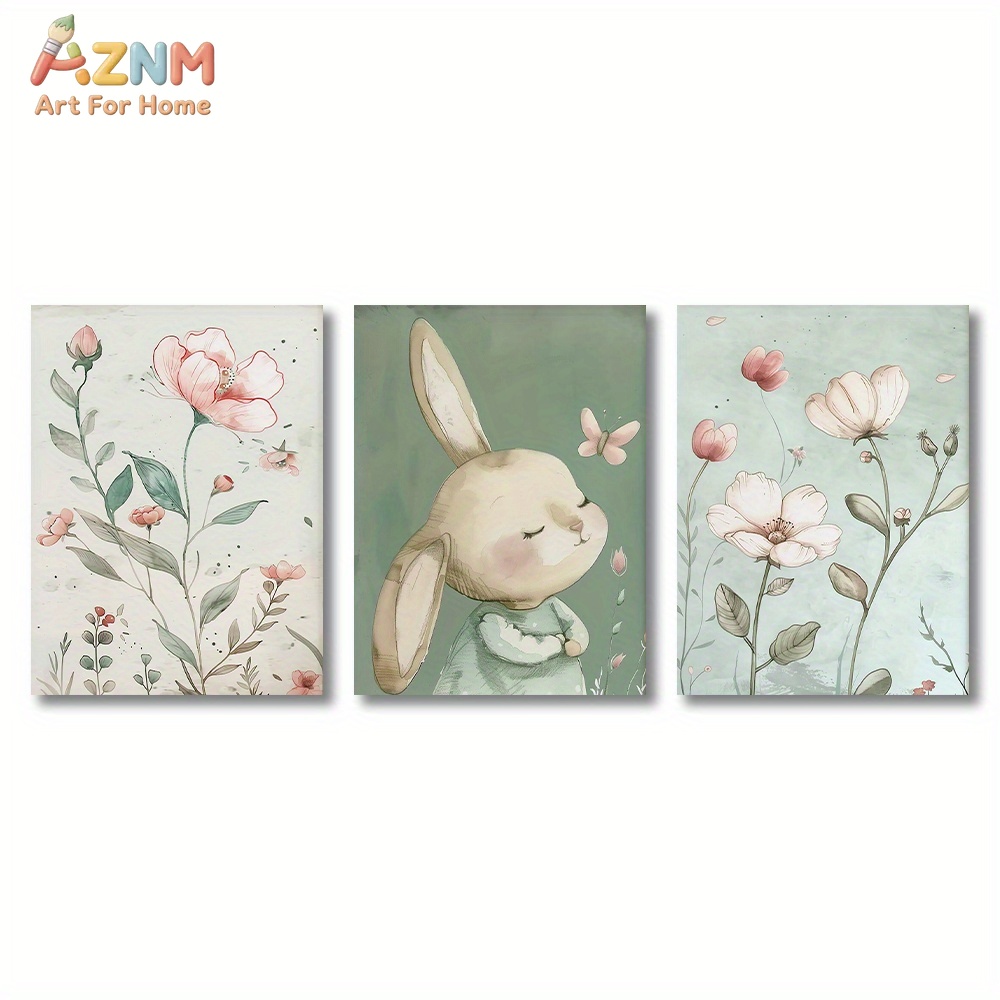 3PCS Cute Bunny and Pink Flowe - Baby Nursery Picture Frames recensione e prezzo