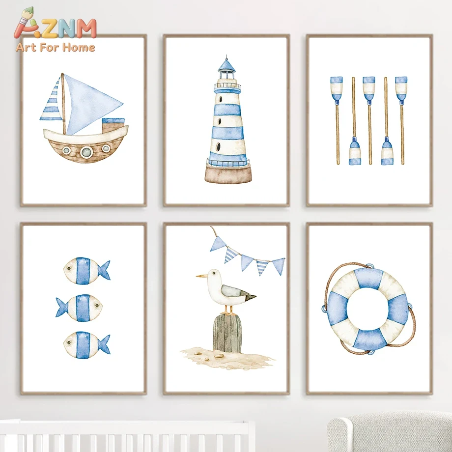Sailboat Lighthouse Fish Nauti - Baby Nursery Pictures recensione e prezzo