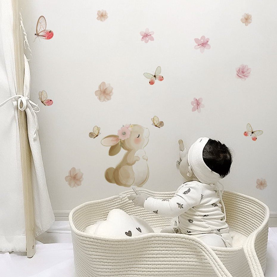 Cartoon Rabbit Flowers Butterf - Baby Nursery Girl Room recensione e prezzo