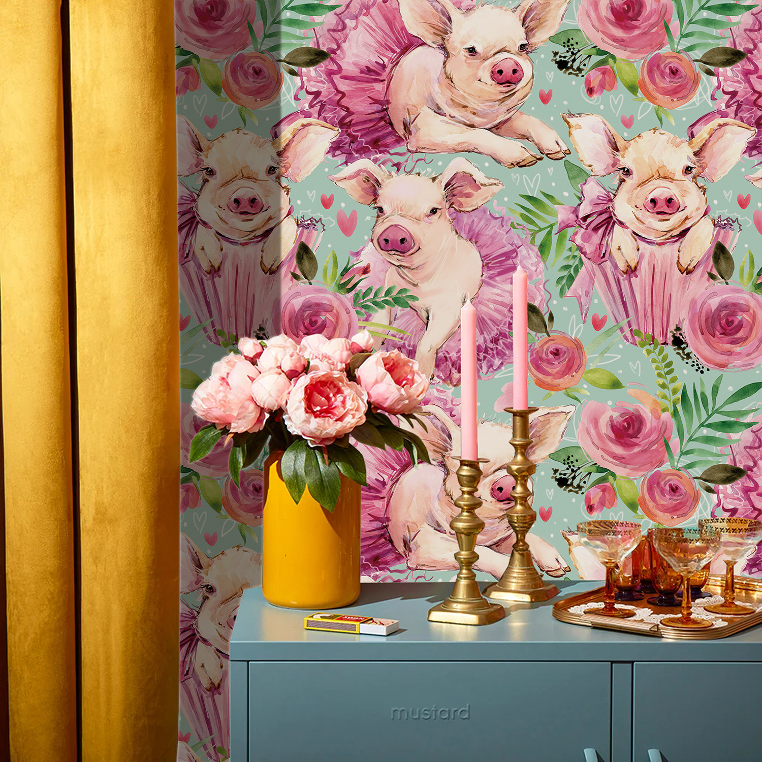 Pink Rose Floral Cute Baby Pig - Baby Nursery Peel And Stick Wallpaper recensione e prezzo