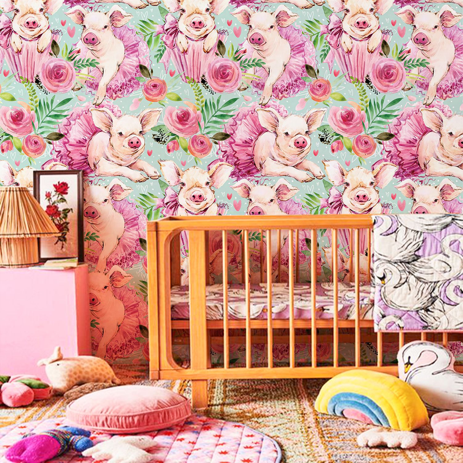 Pink Rose Floral Cute Baby Pig - Baby Nursery Peel And Stick Wallpaper recensione e prezzo
