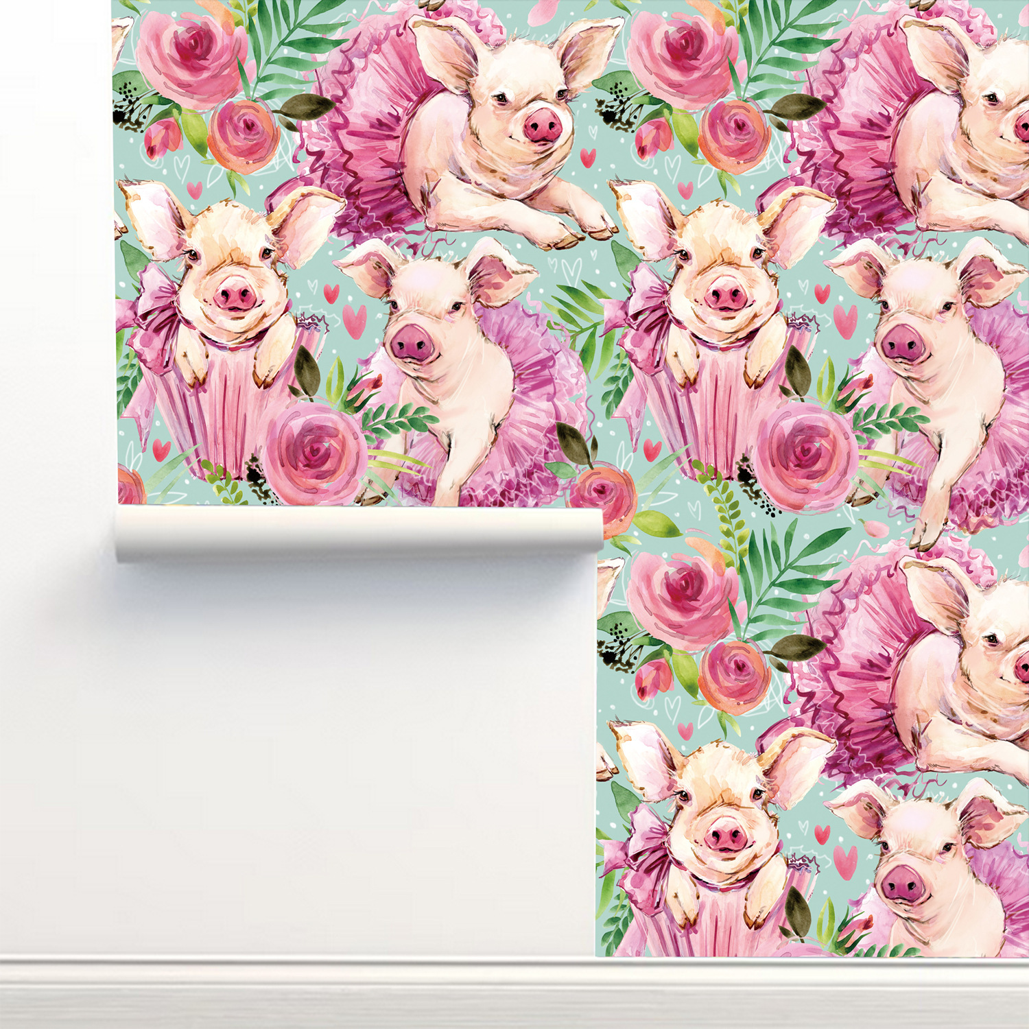 Pink Rose Floral Cute Baby Pig - Baby Nursery Peel And Stick Wallpaper recensione e prezzo
