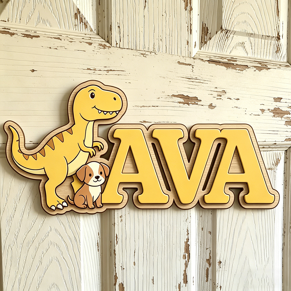 Custom T-Rex & Puppy Kids Name - Baby Nursery Yellow recensione e prezzo