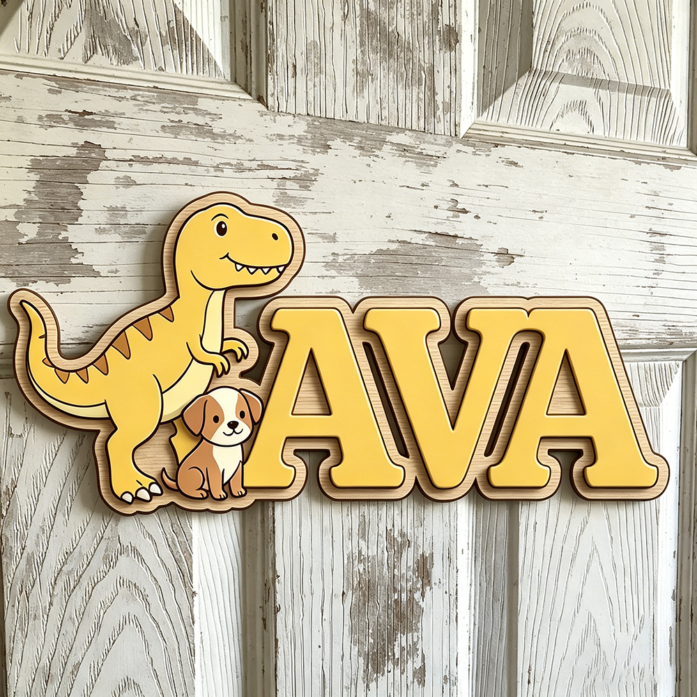 Custom T-Rex & Puppy Kids Name - Baby Nursery Yellow recensione e prezzo